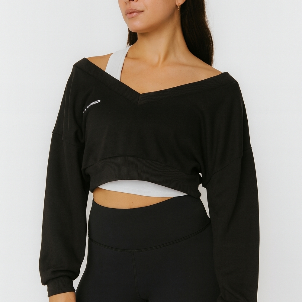 Black Cropped Sweatshirt XS Wide V-Neck Off Shoulder Sporty Yoga Active Gym Cozy